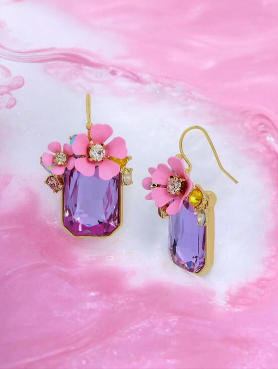 Betsey Johnson Jewelry - NEW Betsey Johnson Purple Pink Flower Cluster Iridescent Stone Drop Earrings NWT